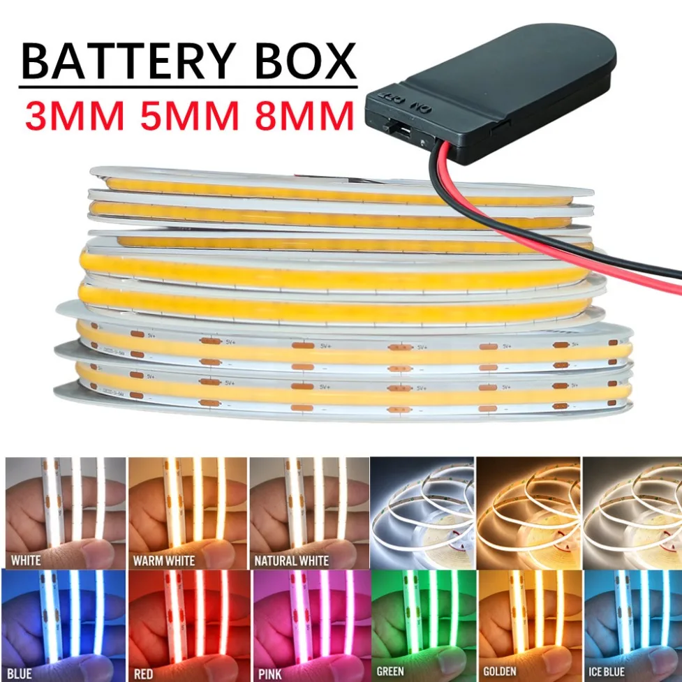 3/5/8mm DC5V COB LED Strip 320/400LEDs/m CR2032 Button Battery Case 0.5m-3m Warm/Neutral/White Flexible Tape DIY Decor Lighting