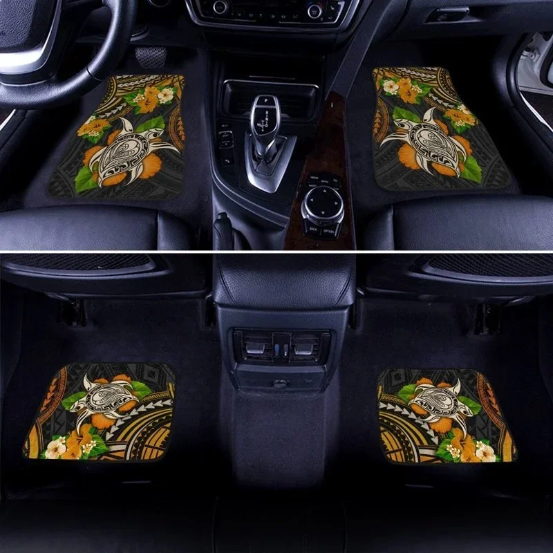 Polynesian Turtle Car Floor Mats Custom Hibiscus Flower Car Accessories 4PCs Pack