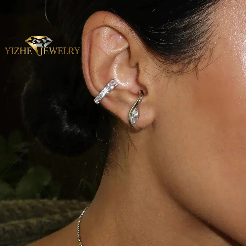 Fashion Curved Long Top Bottom Ear Studs Paved Bling Marquise Cubic Zirconia CZ For Women Trendy Daily Party Jewelry Gift