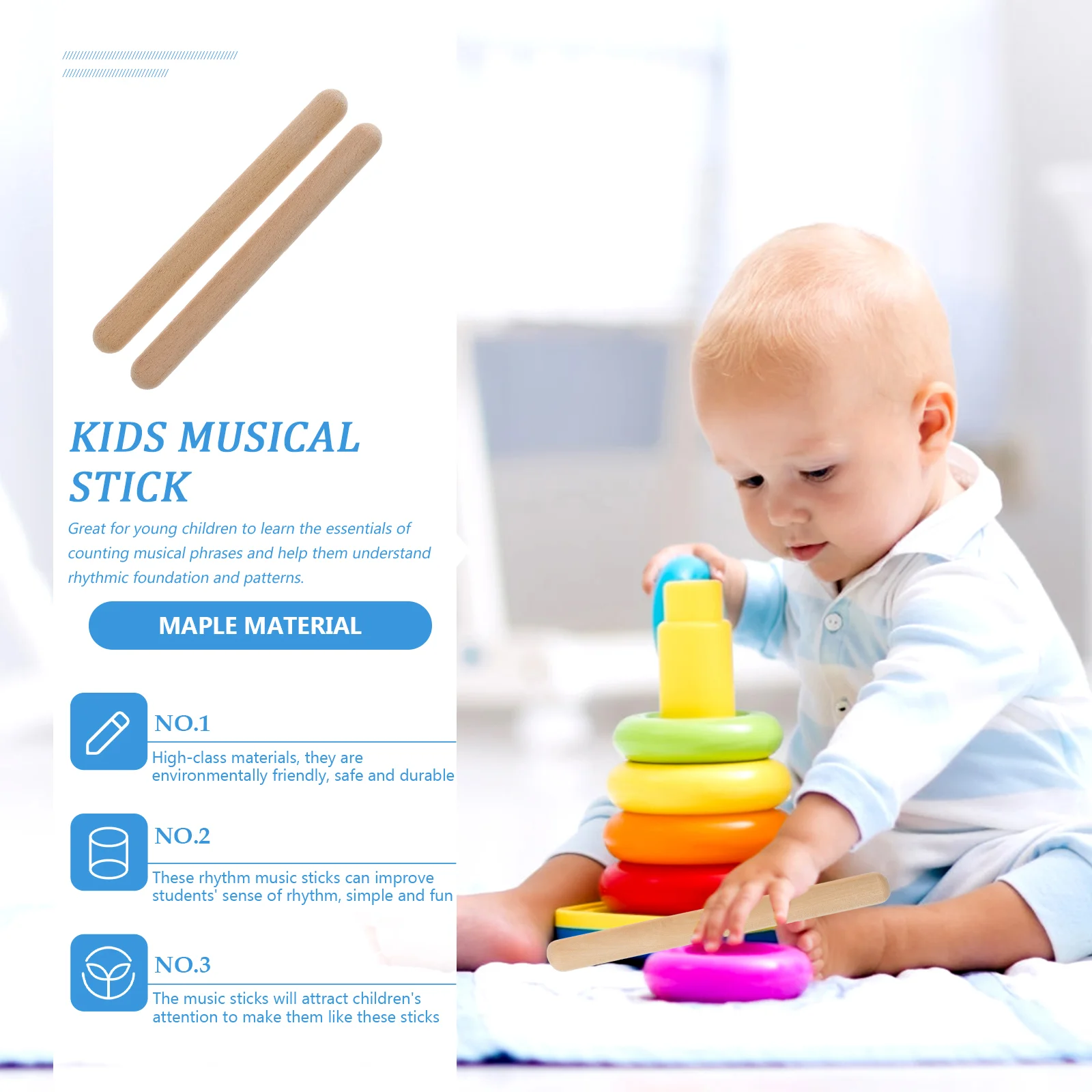 2 ชิ้น Major Rhythm Stick เด็กเด็กเครื่องมือตีสําหรับไม้ Drumstick ไม้เนื้อแข็งธรรมชาติ