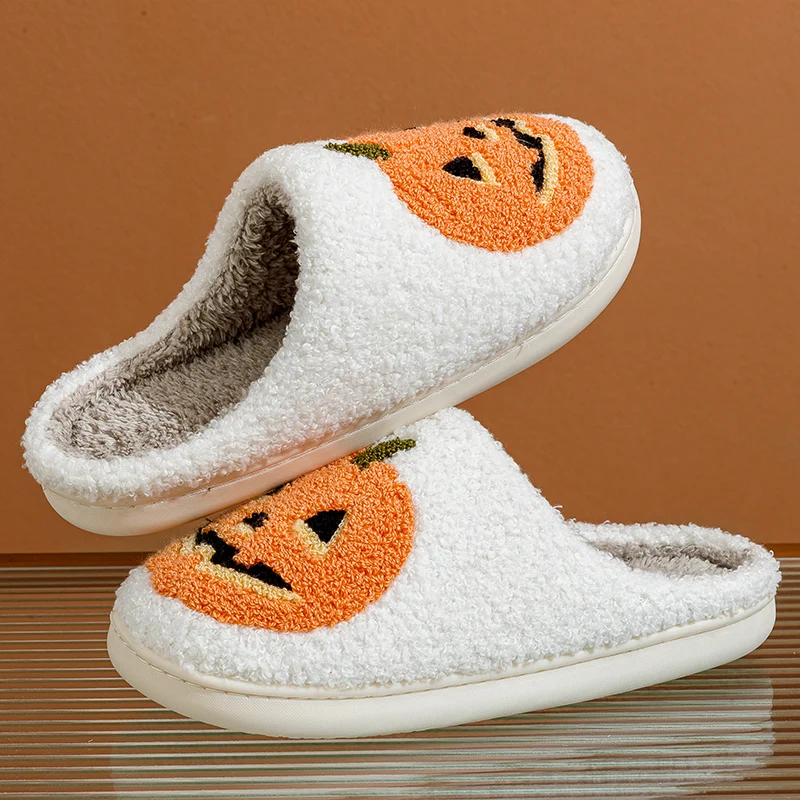 Women\'s Slippers Winter Halloween Funny Smile Pumpkin Indoor Cute Cartoon Slipper Bedroom Anti-slip Soft Causal Plush Shoes Gift