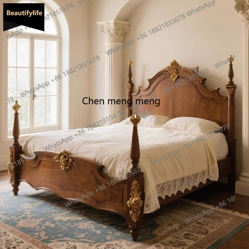 A114  Gold carved bed master bedroom wood double bed backrest pillar bed