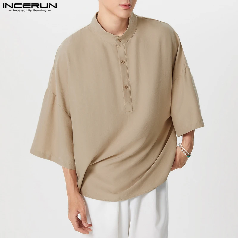 INCERUN Men Shirt Solid Color Stand Collar Short Sleeve Loose Camisas Streetwear 2026 Oversize Korean Style Men Clothing S-5XL
