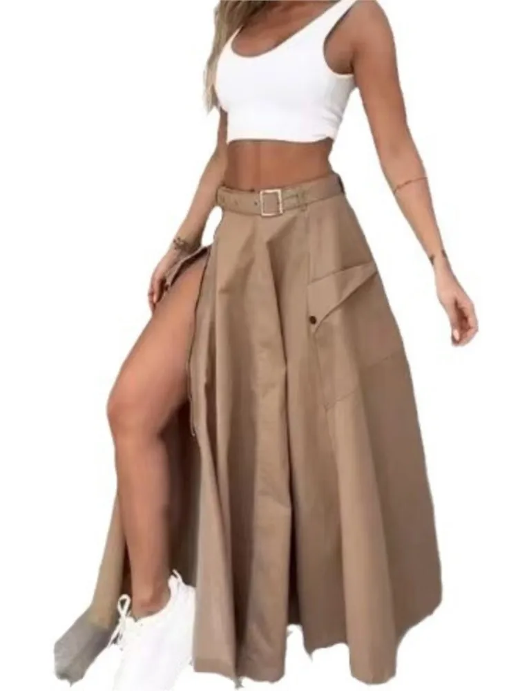 Women Fashion Solid Casual High Waist Skirt Set Spring White Tank Zipper Decoration With Belts Pockets High Slit Maxi Skirt Sets