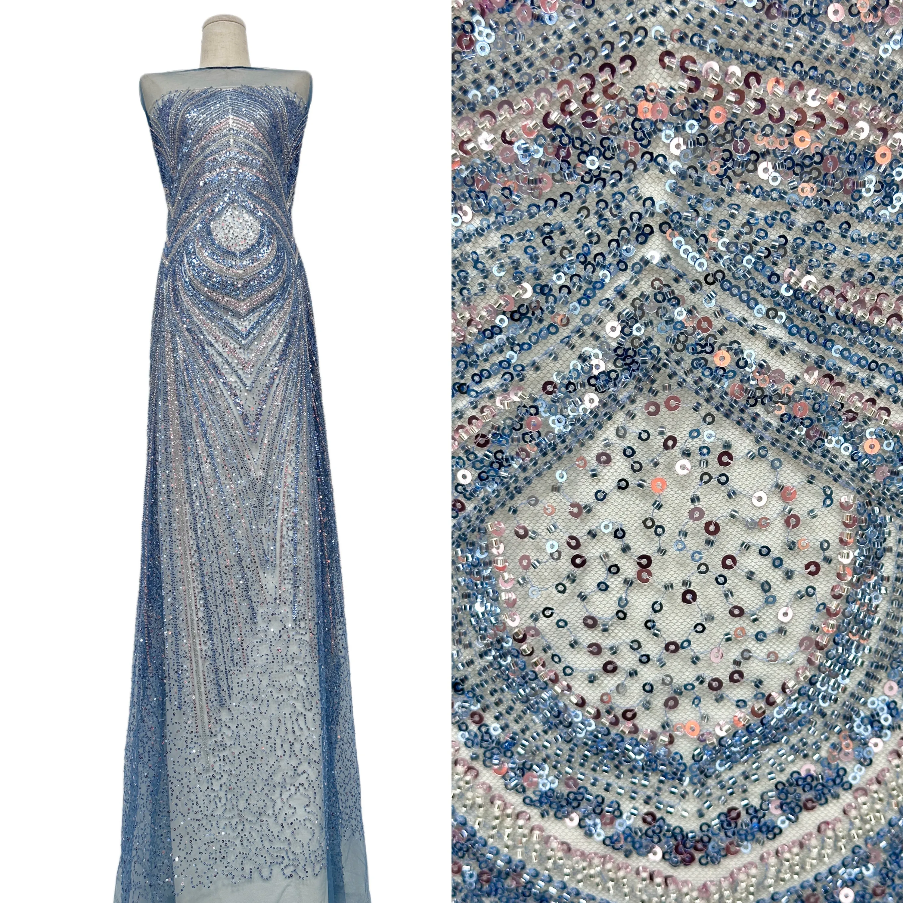 Elegant Blue African French Lace Fabric Tulle Beads Mesh Sequins Wedding Party Sewing European Embroidery 2026