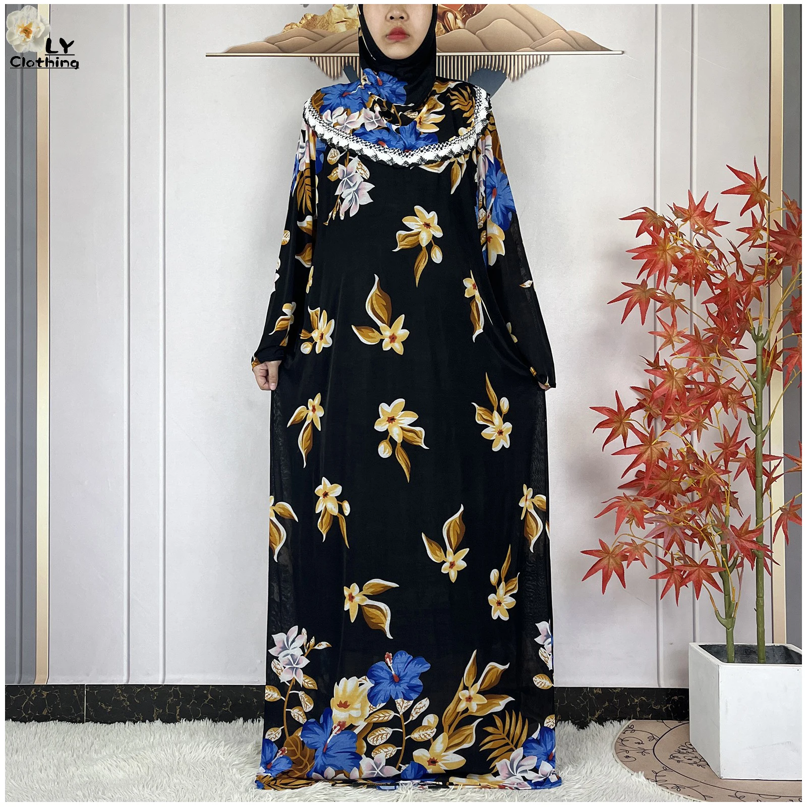 

2025New Muslim Long Sleeves Loose Abaya For Women Ramadan Prayer Garment Hooded Dubai Turkey Femme Robe Floral Print Islam Dress