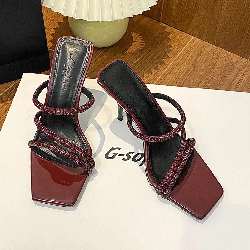 

2025 new square head thin heel rhinestone high heel sandals Internet celebrity temperament beautiful word with sandals