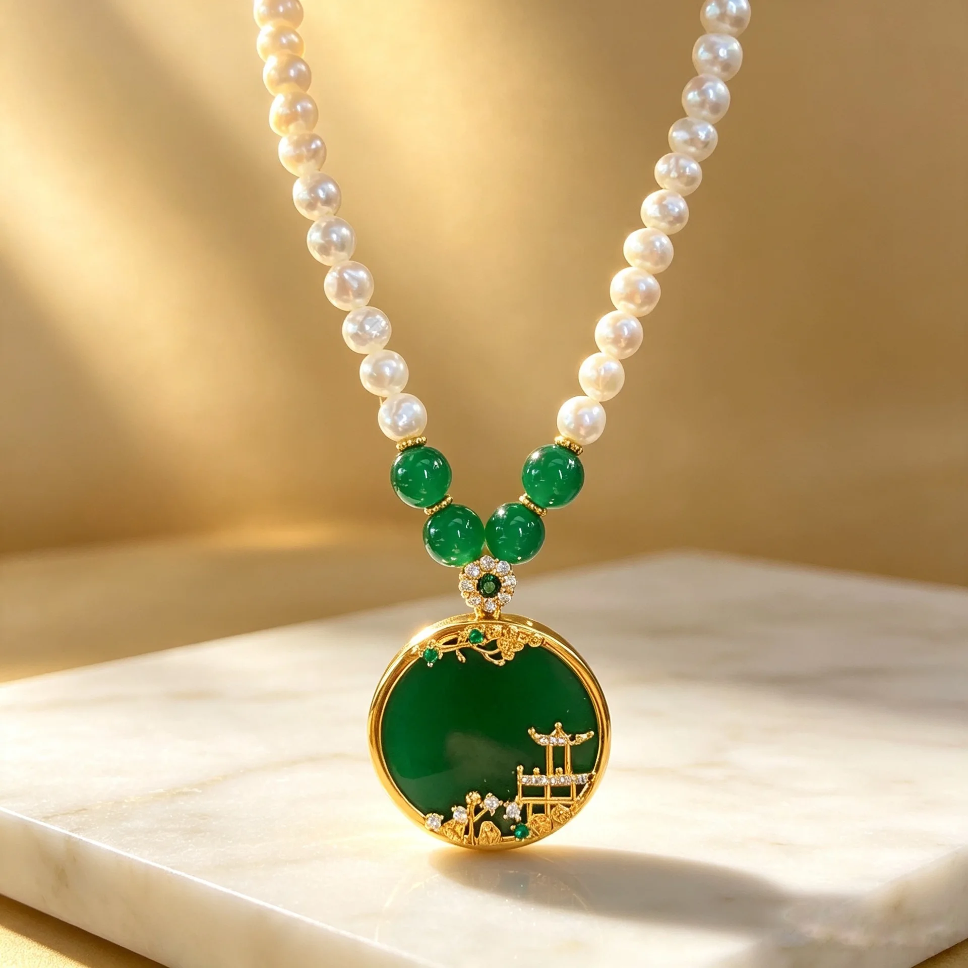Chinese Style Green Chalcedony Round Pearl Necklace Traditional Beads Collar Jewelry Vintage Accessory For Women Wedding Gift