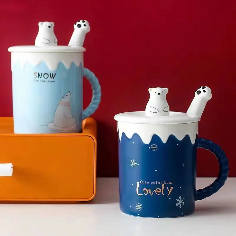 

1PC 2022Creative and cute polar bear mug Cartoon ceramic cup with lid spoon cup Water cup Milk cup Student couple cup coffee mug