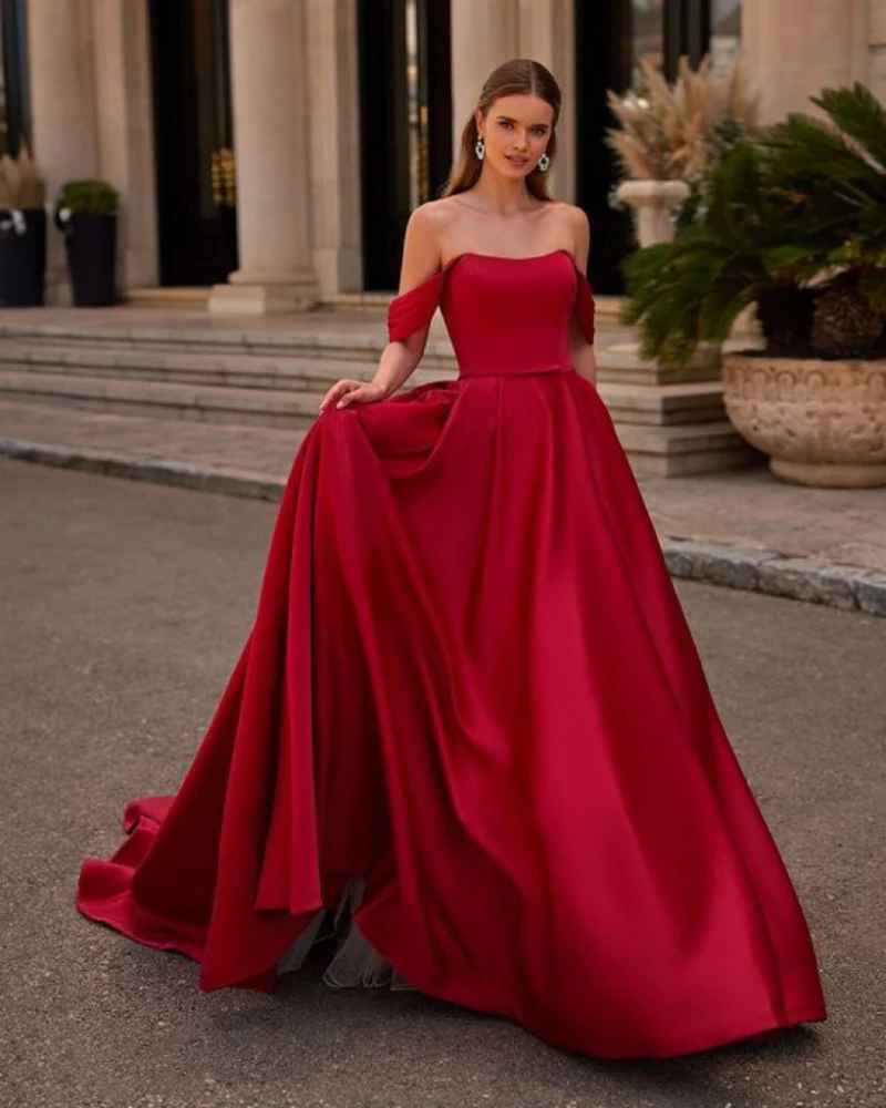 Vestidos de Noche rojos sencillos para mujer, vestido largo de fiesta personalizado con hombros descubiertos de satén, corte en A, Formal, para boda, 2024