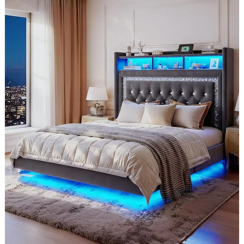 Grey Velvet Upholstered Platform Bed with LED Lights, Charging Station, Storage Board, Metal Slats, No Box Spring, Quiet & Easy