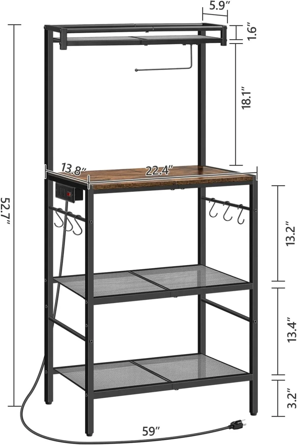 Bakers Rack with Power Outlet, Kitchen Storage Shelf with Paper Holder, Microwave Stand, Coffee Bar with 6 Hooks