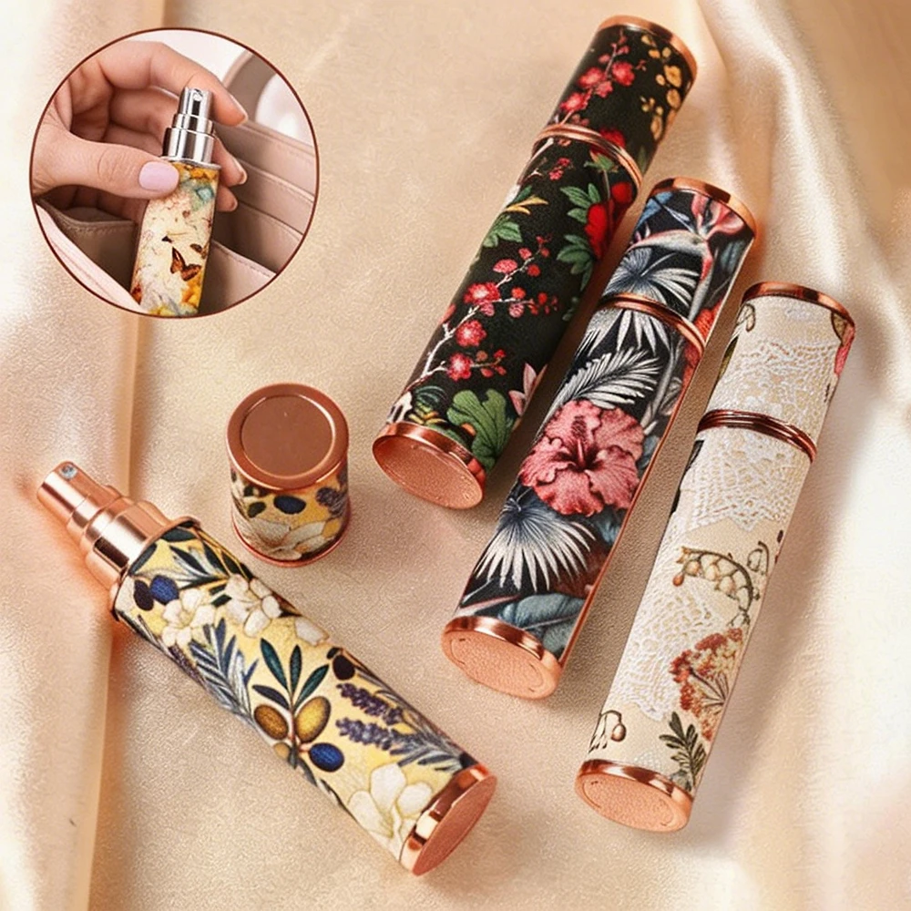 Atomizador de Perfume de Cuero Floral Vintage de 10 ml, Elegante, Recargable, Portátil, con Pulverizador Fino, para Viajes, Envase de Fragancia para Mujer