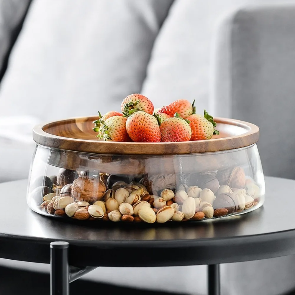 

Creative Glass Food Storage Containers with Lid Wooden Trays Cereals Jar Double Layer Candy Jars Home Kitchen Storage