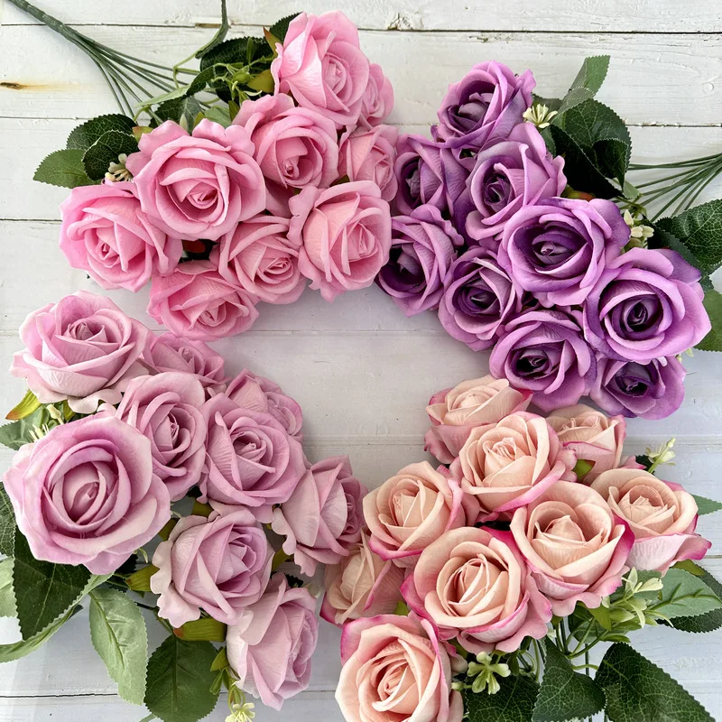 9 Heads silk Rose Artificial Flower Bouquet Home Table Vase Deco Floral Arrangement Accessories Photo Prop Valentine's Day Gift
