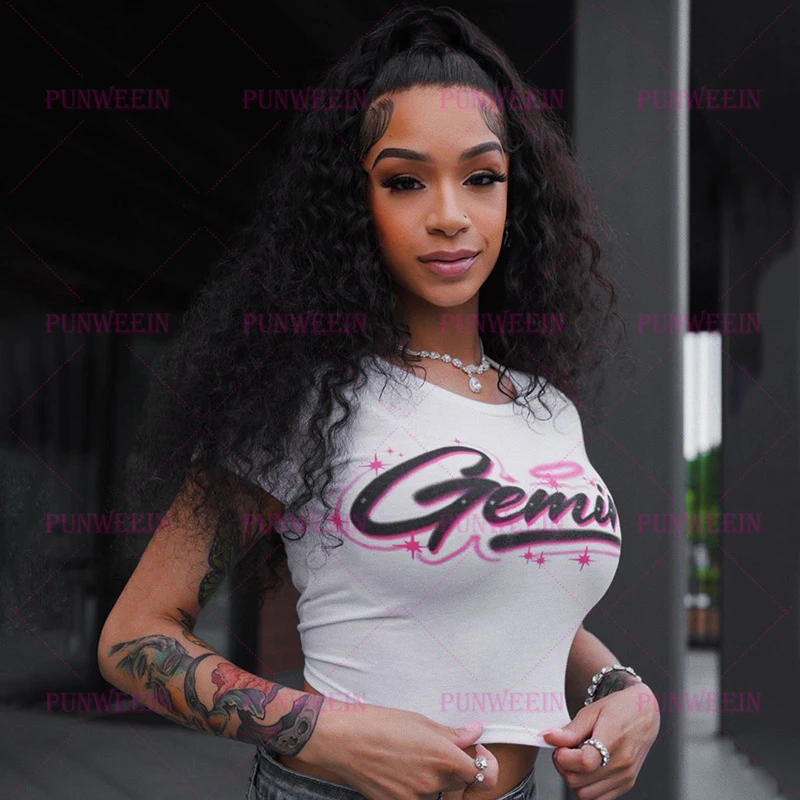 Y2k 90s Streetwear Print Gemini Angel Versatile T-shirt Emo girl Vintage 90s Aesthetic Goth Fun Graphic Chic Y2K O-Neck Crop Top
