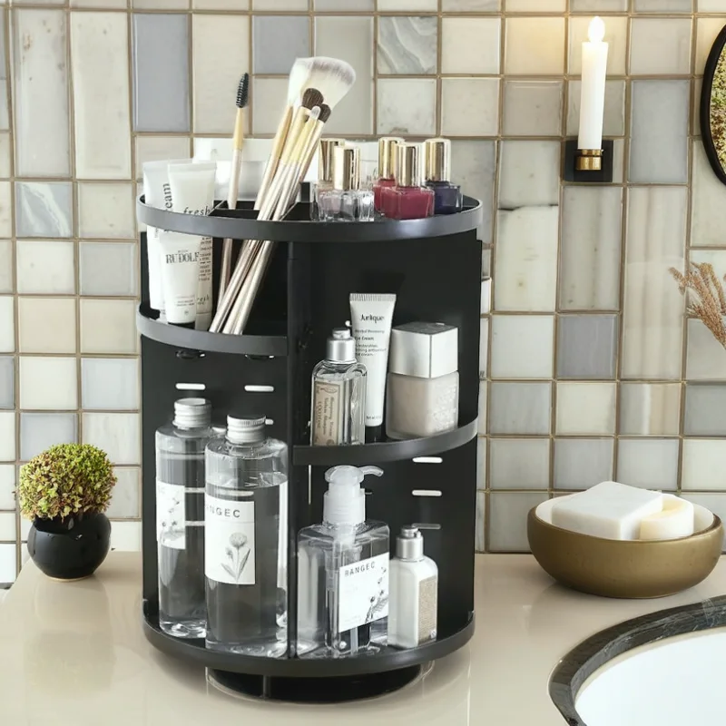 360-Degree Rotating Makeup Shelf Organizer - Fashionable Cosmetic Storage Box & Brush Holder