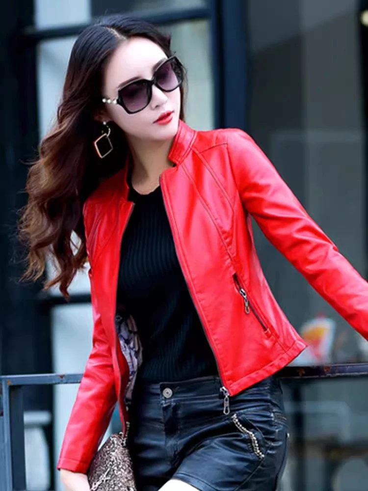 New Women Spring Autumn Leather Jacket Fashion Small Stand Collar Long Sleeve Slim Sheepskin Jacket Split Leather Short Coat