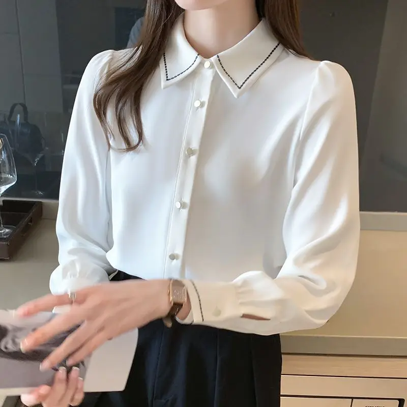 White Chiffon Shirt Women's Long Sleeve Youth Button Patchwork Office Blouse Spring Autumn New Solid Fashion Korean Clothing