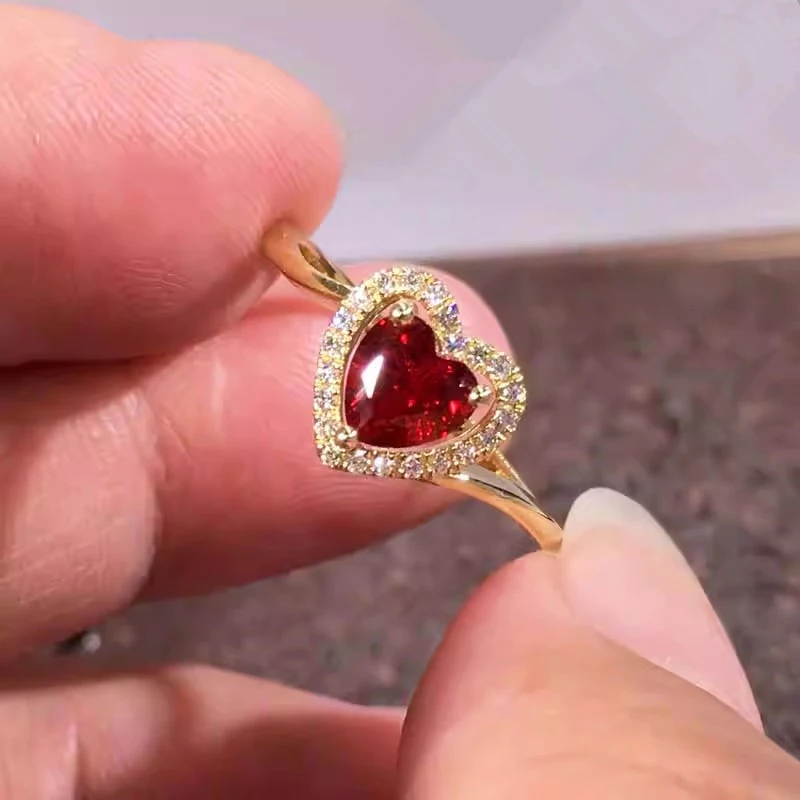Huitan Sweet Women Heart Ring Gold Color Inlaid Red/White CZ Accessories for Wedding Engagement Romantic Charming Party Jewelry