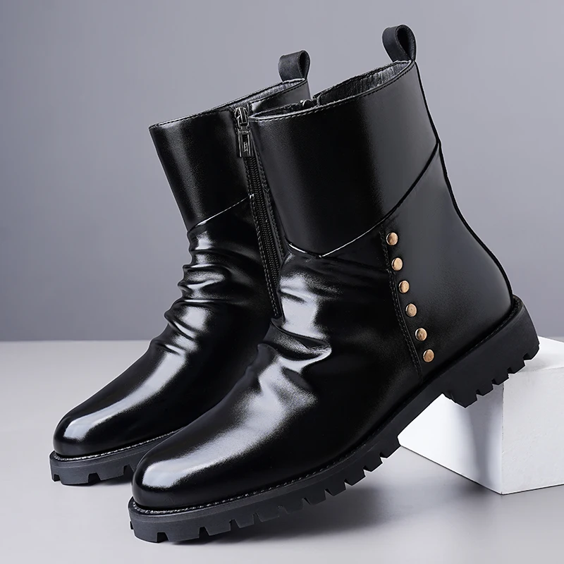 

Мужские черные ботинки для мотоциклистов больших размеров (38-48) с декоративными заклепками, плиссировкой, боковой молнией, противоскользящей толстой подошвой, модные