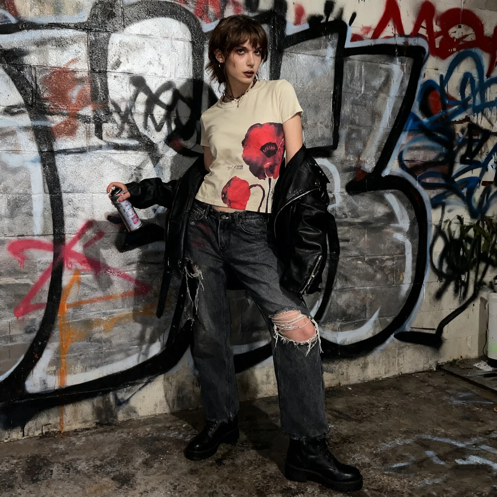 

2025 Women's Punk Streetwear Floral Print T-Shirt - Beige Fitted Short Sleeve Top, Y2K Vintage Edgy Style for Spring Autumn