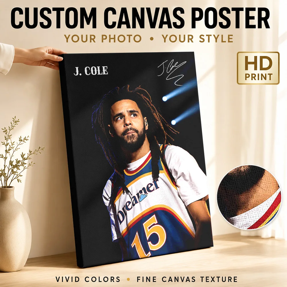 J Cole Dreamer Basketball Jersey Portrait Framed Canvas Poster Personalized Photo Contemporary Wall Art For Recording Studio