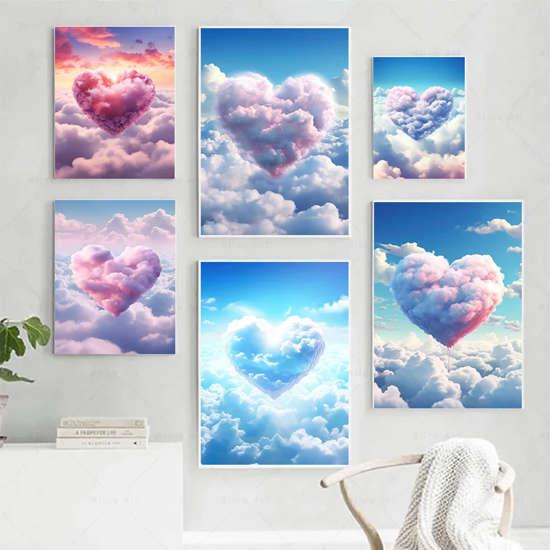 Sweet Heart Shaped Clouds Wall Art Posters Blue Pink Colors Nordic Love Canvas Painting and Prints for Living Room Home Decor