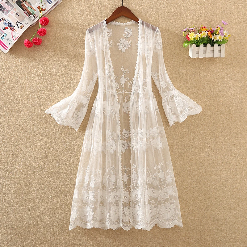 

Long Cardigan Beach Cover Up 2023 Summer Blouses For Women Woman V Neck Shirt Top Lace Blusas Femininas Elegant Sunproof Outwear