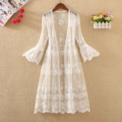 Long Cardigan Beach Cover Up 2023 Summer Blouses For Women Woman V Neck Shirt Top Lace Blusas Femininas Elegant Sunproof Outwear