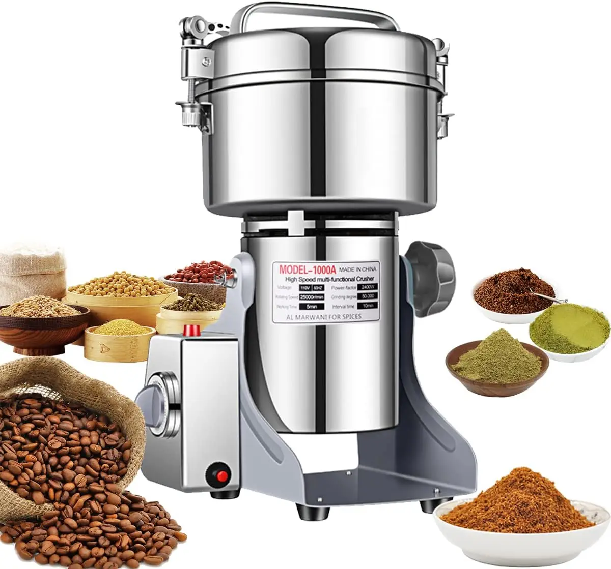 Grinder Mill 1000g High-speed Spice Herb Mill Commercial Powder Machine for Dry Cereals Grain Herb Spice Coffee