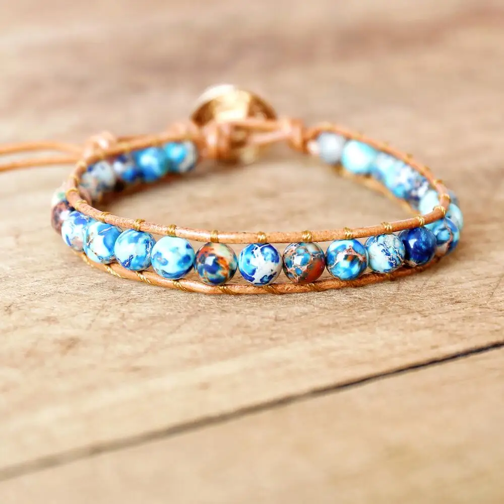 6mm azul imperial pedra grânulos trançado pulseira de couro bohemia strand charme wrap pulseira feminino jóias artesanais