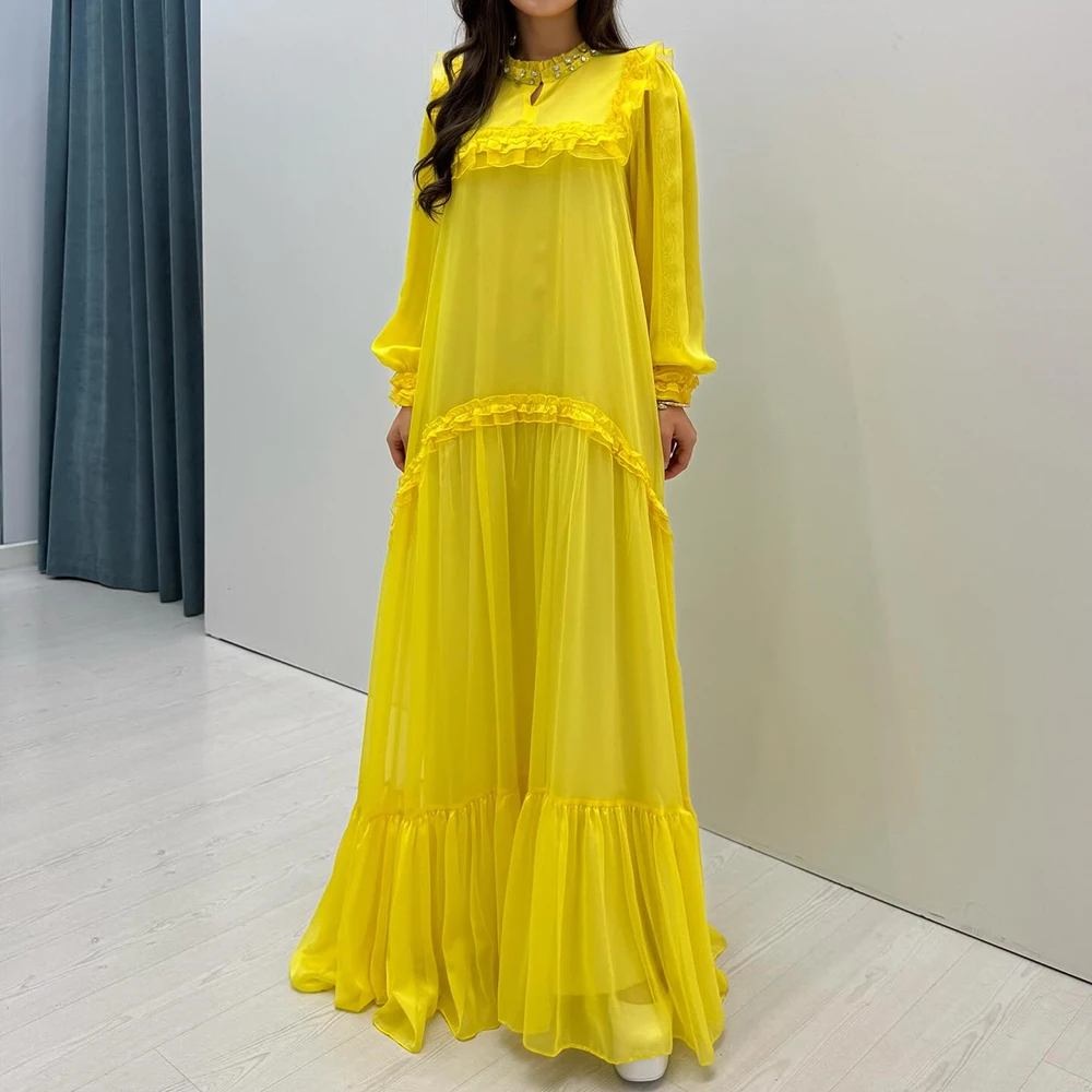 

Customized A-line Evening Dresses Floor-length High-neck Full Sleeve Prom Gown Fashion Crystal Ruched Simple Draped Party Gown