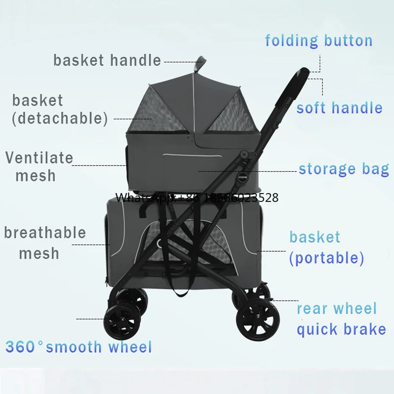 Foldable two dog stroller detachable pet stroller 4 wheels dog trolley carrier travel cart for 2 dogs and cats