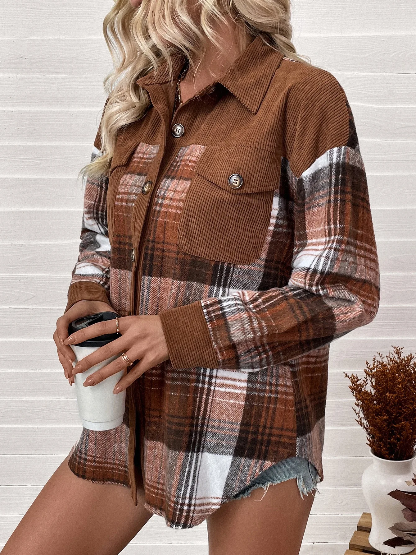 Chaqueta a cuadros marrones pa - Corduroy Button Up Shirt Men reseña y precio