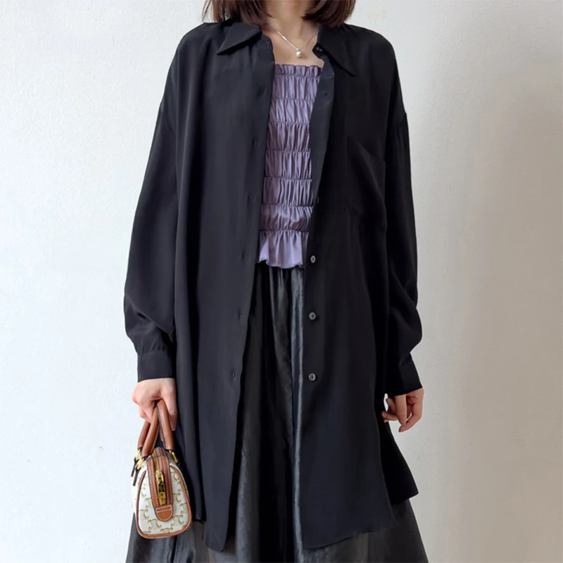 

Women Silk Long Type Shirt 100% Mulberry Silk Crepe Silk Black Buttons Down Long Sleeve Casual Cardigan Sunscreen Clothes M1382