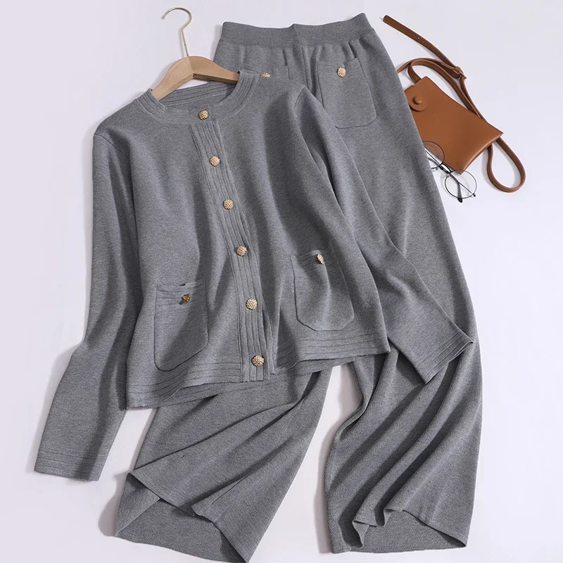 HELIAR Women Knit Pocket Casual Set Long Sleeve Buttons Up Cardigan Top and High Waist Elastic Pants 2 Pieces Office Set Autumn