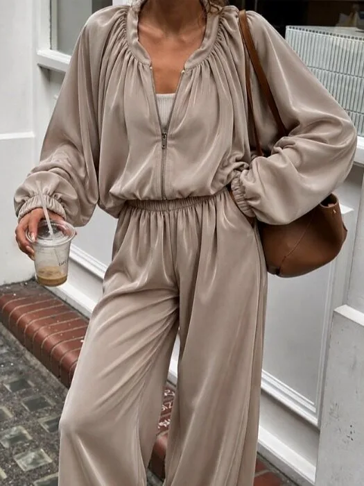 Retro Loose Satin Jacket Women's High Waist Wide Leg Casual Pants Two Piece Set Autumn Winter Fashion Comfortable Ensemble