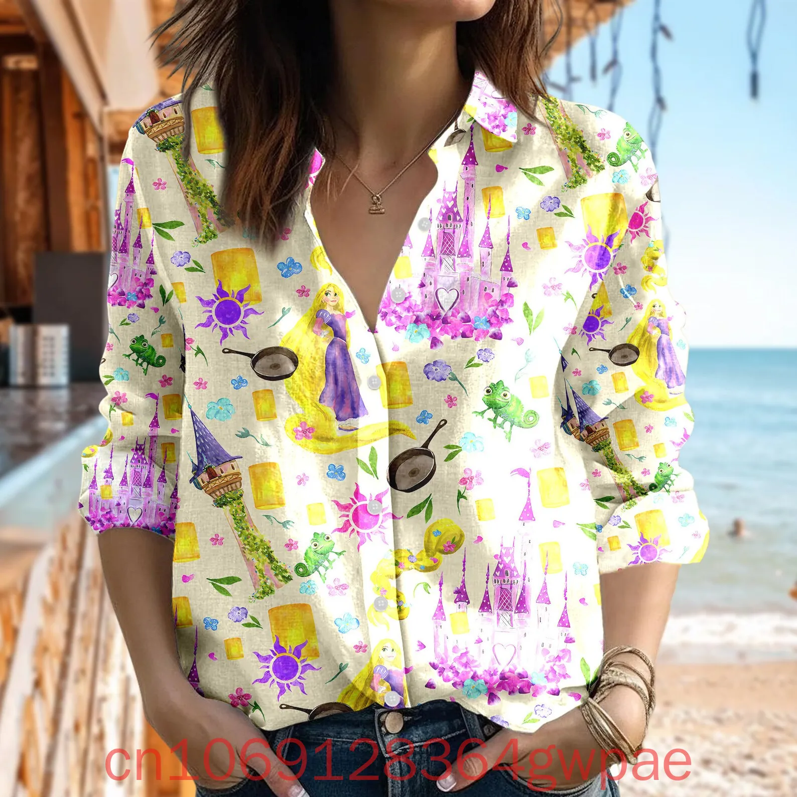

Disney Rapunzel Princess Women's Blouses Shirt Casual Button Up Long Sleeve Shirt Summer Stylish and Elegant Women Shirts Tops