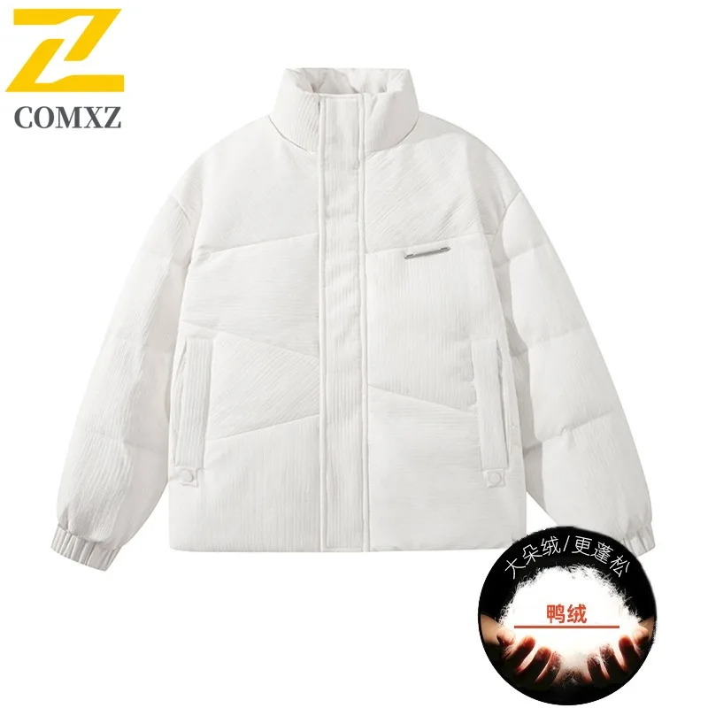 COMXZ Luxury Mens Down Jacket Stand Collar Solid Color Outdoor Snow Anti-Cold Parka Korean Fashion Windproof Winter Filler Down
