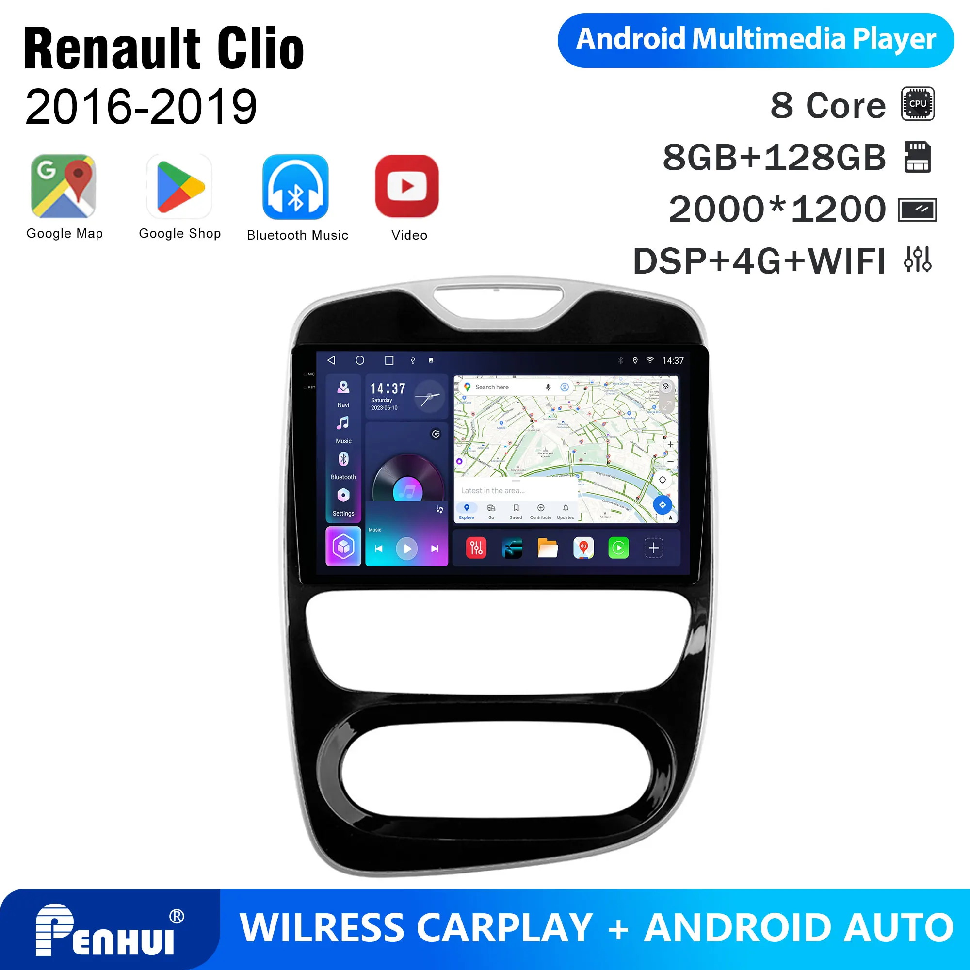 Penhui Android Car DVD Player 2 Din for Renault Clio 2016-2019 Multimedia Screen with DSP, Bluetooth, Audio & CarPlay