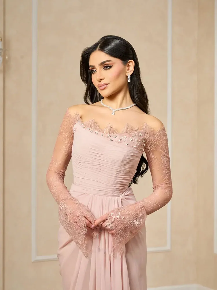 LAYXHS robes de soirée élégantes rose dentelle à manches longues perlée sirène plissée robe de bal robes de soirée personnalisées