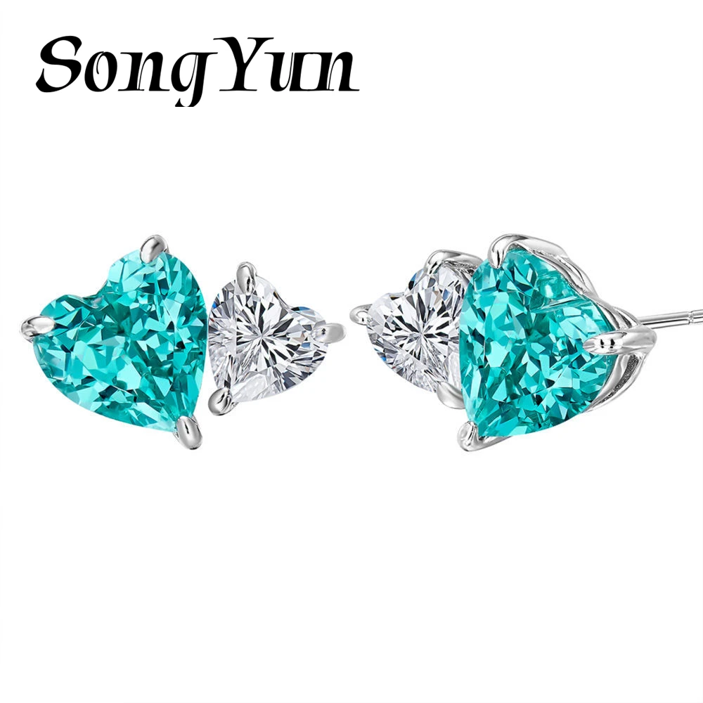 SONGYUN High Carbon Gemstones Jewelry Women 925 Sterling Silver Paraiba Spessartite Heart Shape Stud Earrings