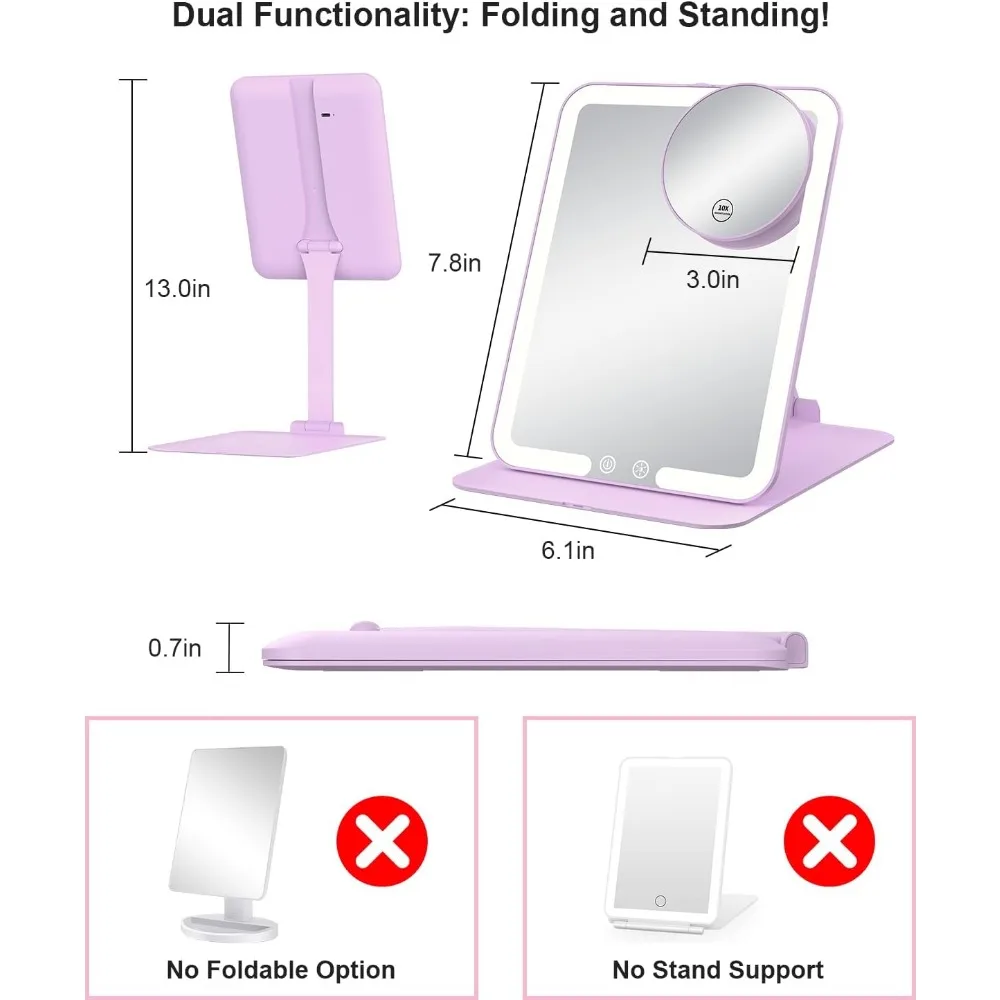 مرآة مكياج LED محمولة مع تكبير 10 مرات، وحامل قابل للتعديل، وبطارية قابلة لإعادة الشحن - أرجواني #2