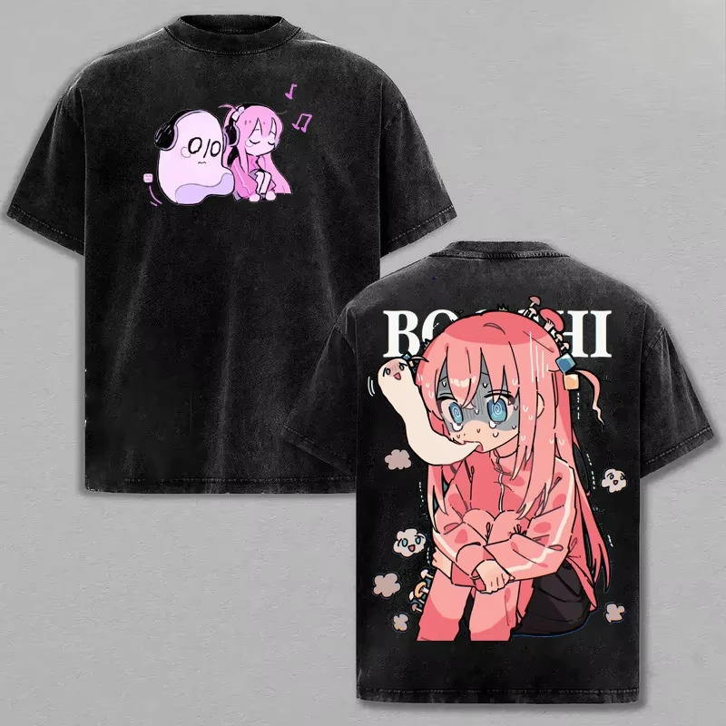 Unisex Loose Streetwear Washed Short Sleeve T-Shirt With Anime Bocchi the Rock! Kessoku Band Gotoh Hitori Print T-shirt