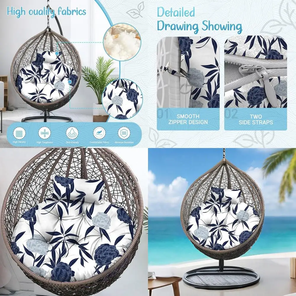 

Waterproof Outdoor Swing Chair Cushion, 45x45 Thick, with Headrest Pillow, Blue Enchantress Style