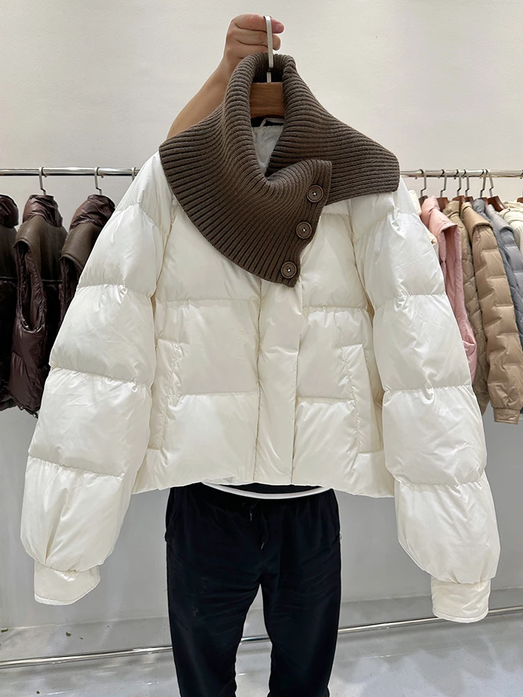 Korean Knitted Collar Spliced Down Coat Women's Short Loose Thickened Triple Button Bread Puffer Down Jacket