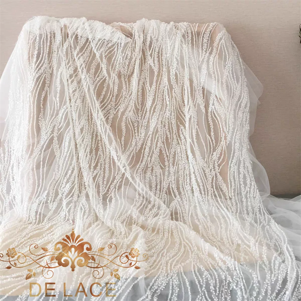 SXGN Luxury White Bridal Lace Fabric with Heavy Beaded Sequin Net Embroidery Beads Wedding Dresses DIY Tulle Mesh