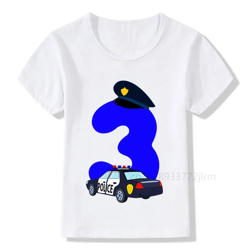 Boys Police Car 1-9 Birthday Number Print T Shirt Children Birthday Boy Policeman T-shirts Boy&Girl Funny Gift Tshirt Present