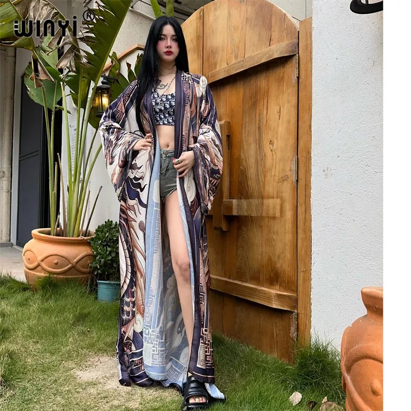 2024 WINYI Europe kimono donna Cardigan holiday kaftan sexy Boho dress Beach Cover up caftano African Holiday manica lunga Robe